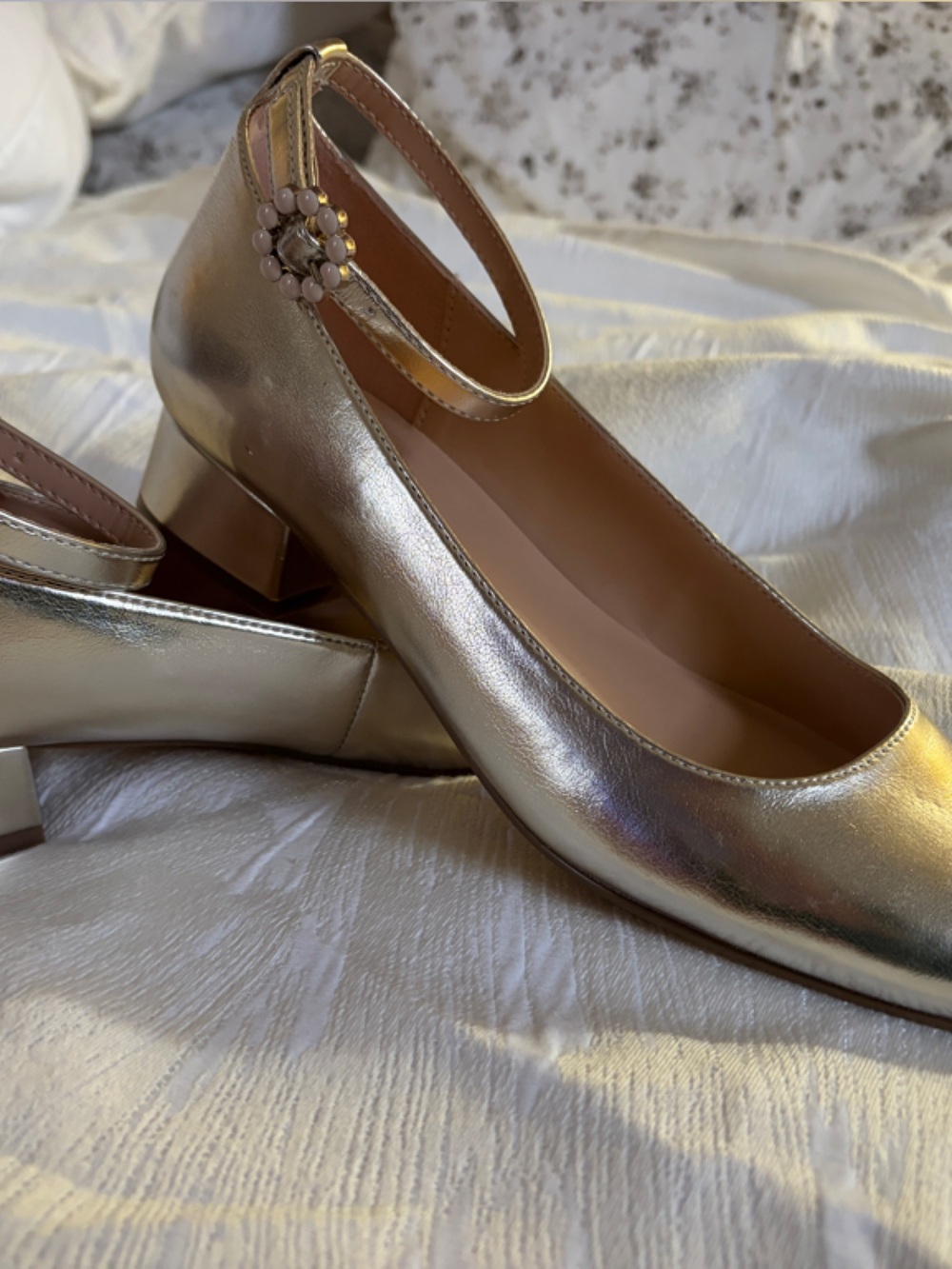 Bandolino Metallic Gold Women's Block Heel Pumps with Ankle Strap